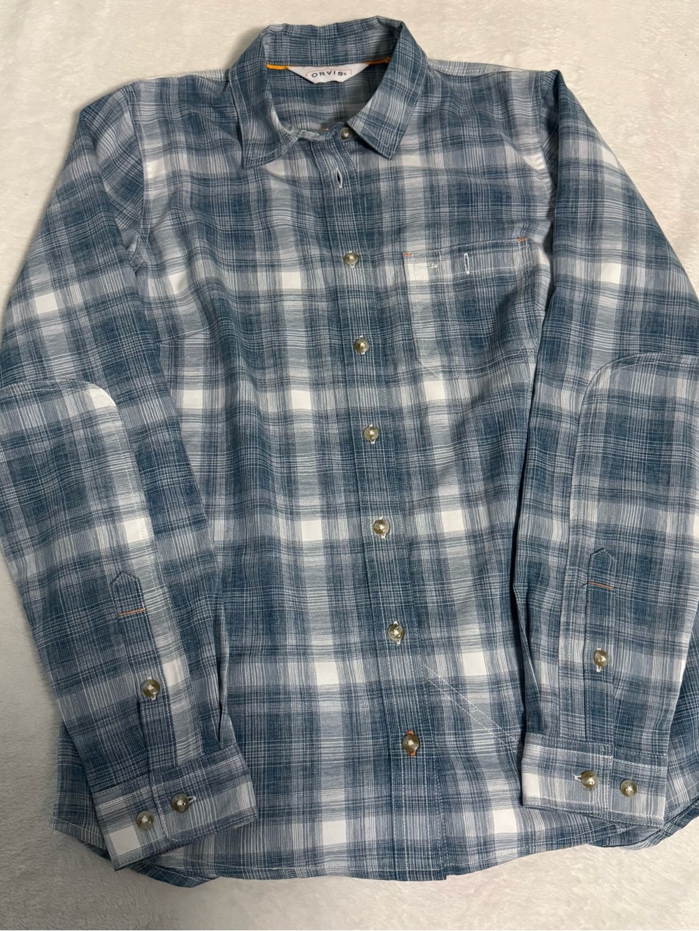 Orvis Women’s XS Plaid Shirt Blue White Long Sleeve Outdoor Hiking Button Front